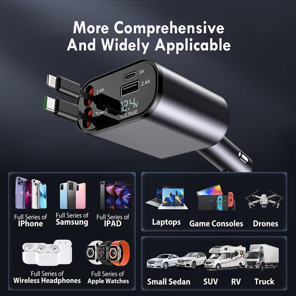 Retractable Car Charger,100W 4 in 1 Super Fast Charge Car Phone Charger,Retractable Cables (31.5 Inch) and 2 USB Ports Car Charger Adapter for Iphone 15/14/13/12 Pro Max Xr,Ipad,Samsung,Pixel