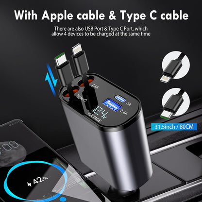 Retractable Car Charger,100W 4 in 1 Super Fast Charge Car Phone Charger,Retractable Cables (31.5 Inch) and 2 USB Ports Car Charger Adapter for Iphone 15/14/13/12 Pro Max Xr,Ipad,Samsung,Pixel